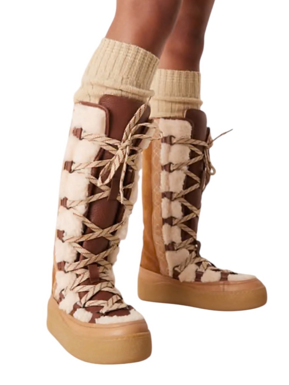 Free People Wilder Mukluk Tall Boots Leather Shearling Tan Brown Womens Sz 8 NEW